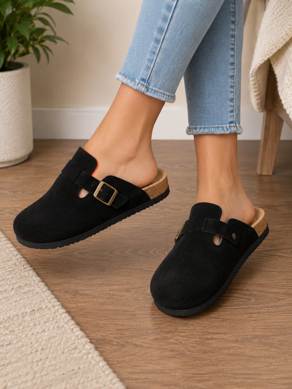 Black Suede Cork Footbed Clog Mules Women’s Size 7.5-8 EU 38 Buckle Comfort NWOT